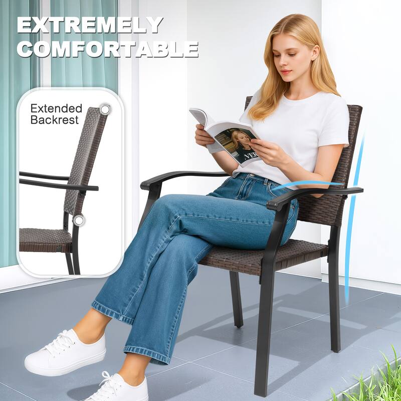 Outdoor Patio Iron Dining Chairs, All-Weather Wicker Material, Black