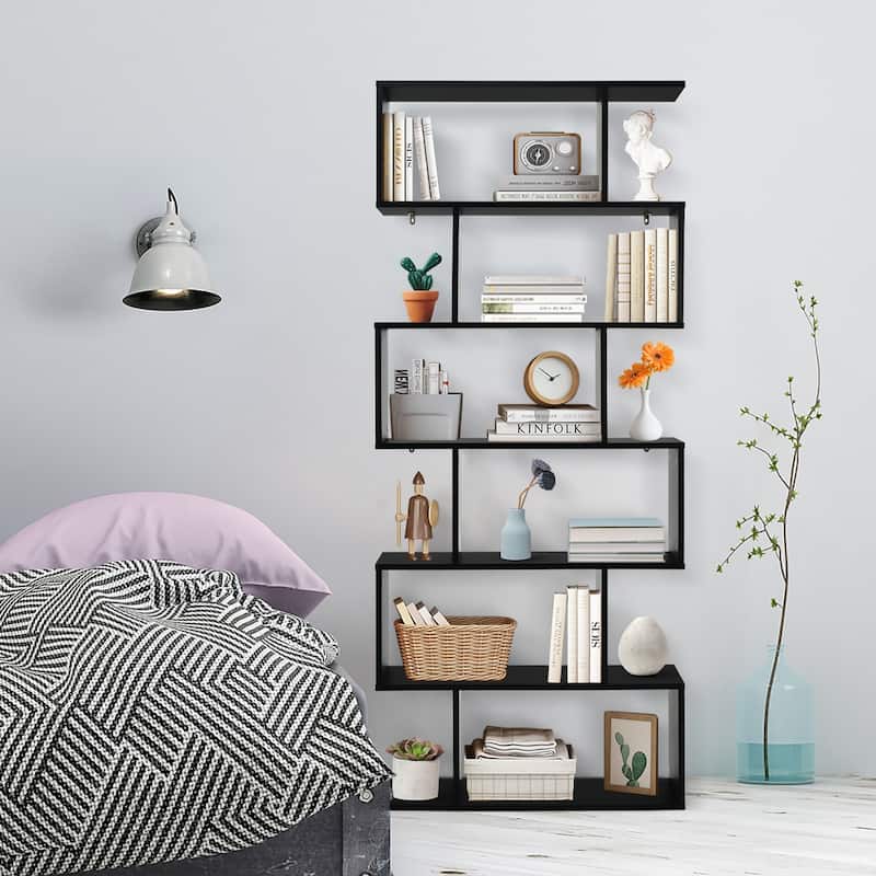 S-Shaped 6-Tier Freestanding Bookshelf with Open Storage Shelves for Living Room or Bedroom