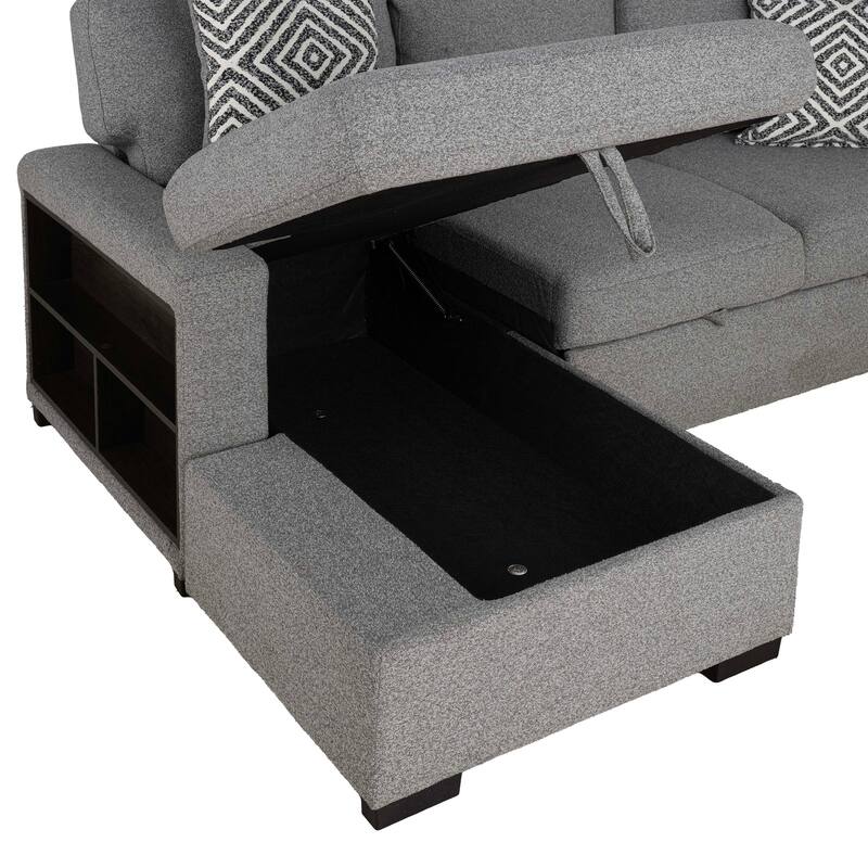Furniture of America Oswin Modern Grey Pull-Out Sleeper Sofa Sectional with Storage Shelves and USB Ports