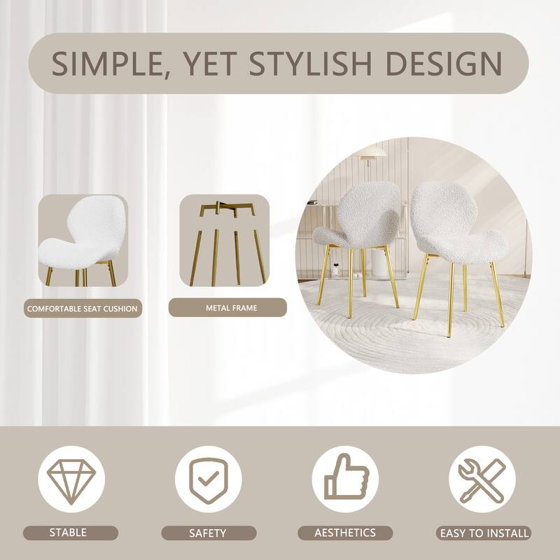 Modern minimalist teddy velvet Dining Chairs Set of 2 with sturdy gold metal legs and comfortable backrest design