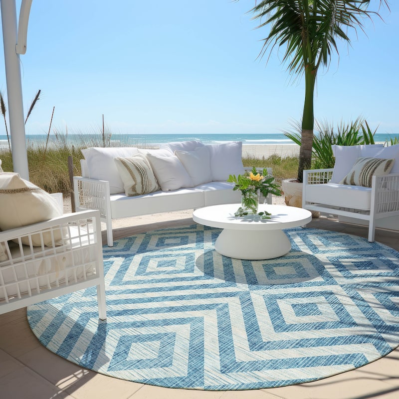 Machine Washable Indoor/ Outdoor Chantille Geo Diamond Rug - Teal - 8' x 8'