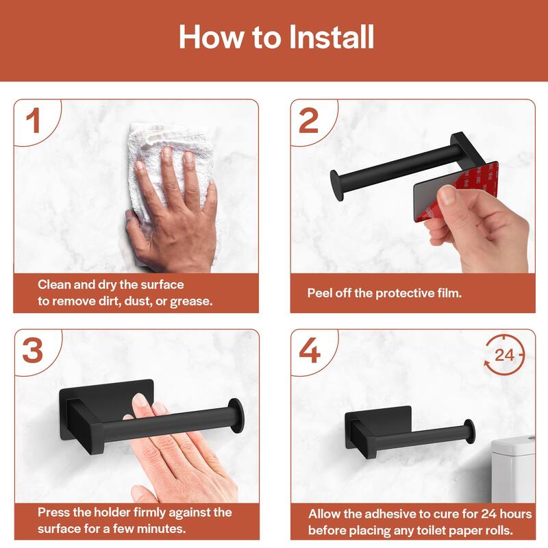 Self-Adhesive Stainless Steel Single Post Wall Mounted Toilet Paper Roll Holder, Matte Black - Matte Black - N/A