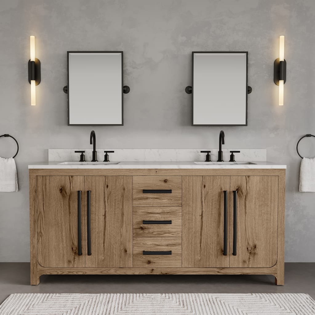 Perris 72 In. Double Rectangle Sink Bathroom Vanity With Engineered Carrara White Marble In Weathered Oak