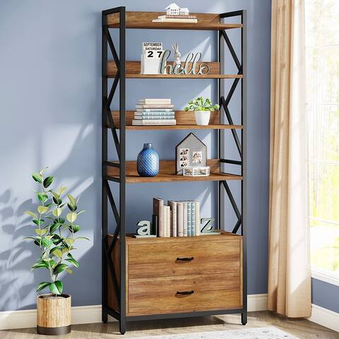 5 Shelf Bookcase 70.86 Inch Industrial Bookshelf with 2 Drawers,