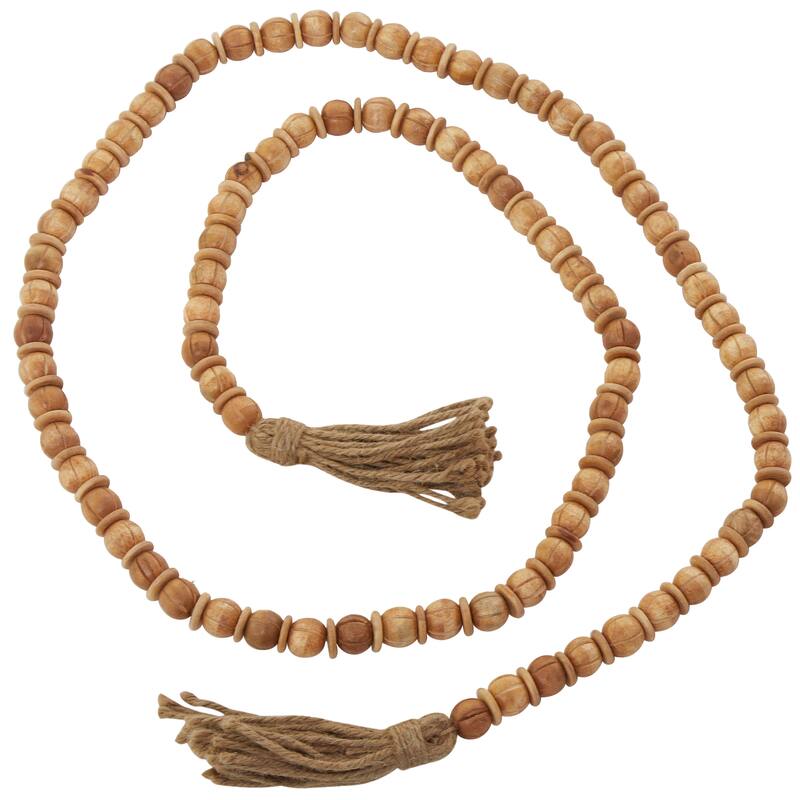 Brown Mango Wood Handmade Round Long Carved Beaded Garland with Tassel