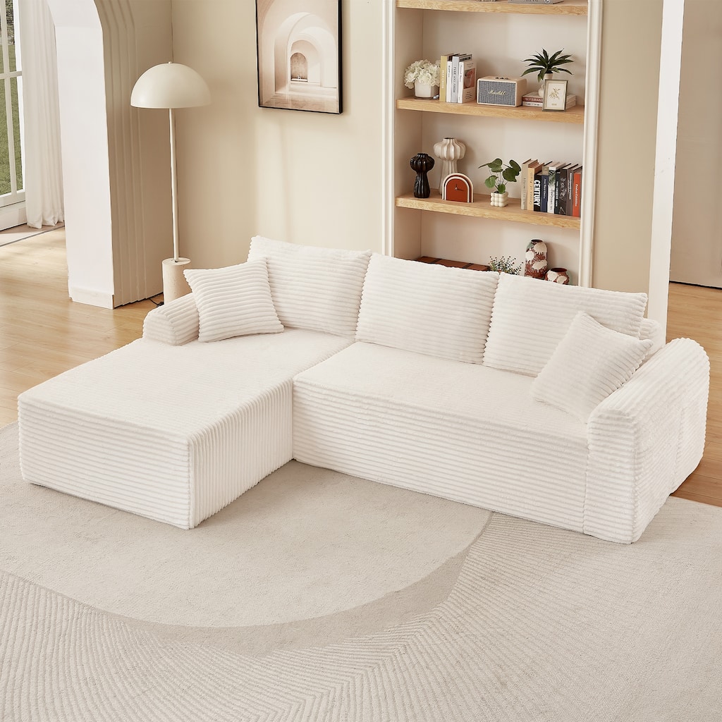 Modular Cloud Sectional Couch with Chaise, Corduroy Upholstered Boneless Sofa, Full-Compression Sofa with 2 Throw Pillows