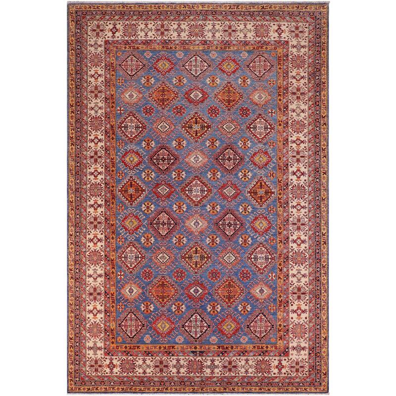 Tribal Super Kazak Onyx Blue/Beige Hand Knotted Wool Rug - 9'0'' x 12'1''