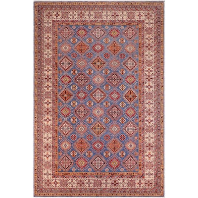 Tribal Super Kazak Onyx Blue/Beige Hand Knotted Wool Rug - 9'0'' x 12'1''