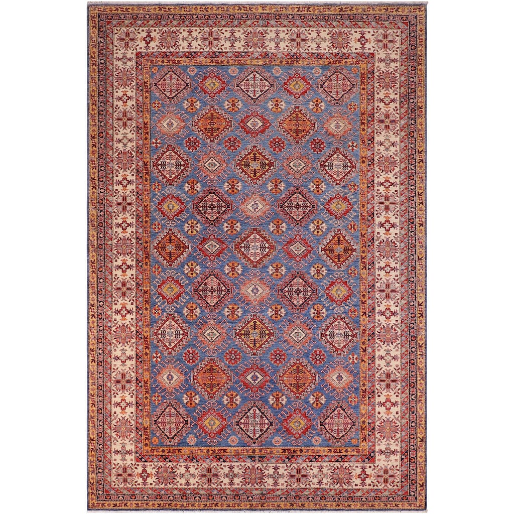 Tribal Super Kazak Onyx Blue/Beige Hand Knotted Wool Rug - 9'0'' x 12'1''