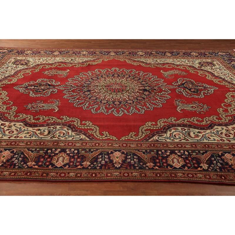 Red Medallion Tabriz Persian Vintage Area Rug Handmade Wool Carpet - 9'10" x 13'4"