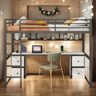 Full Size Metal Loft Bed with Desk, Cabinets, Drawers and socket, Black