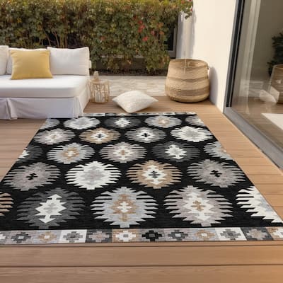 Machine Washable Indoor/ Outdoor Boho Tribal Chantille Rug
