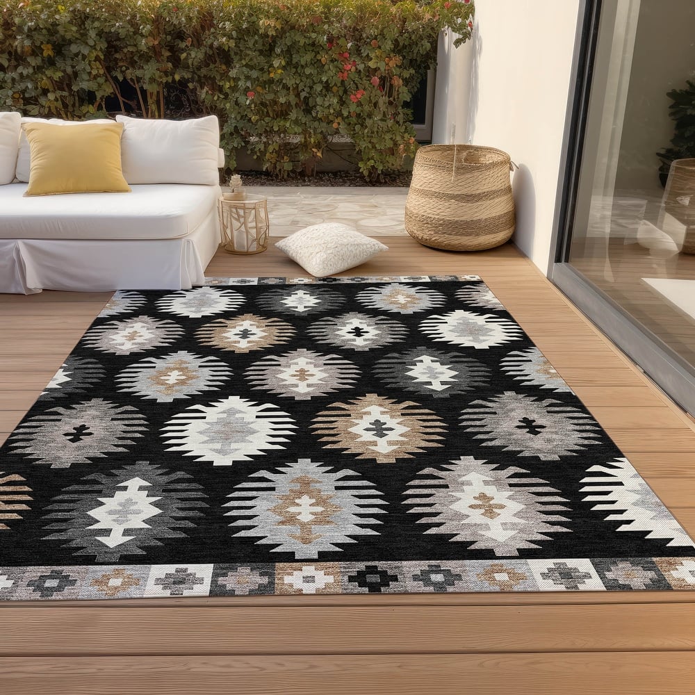 Machine Washable Indoor/ Outdoor Boho Tribal Chantille Rug