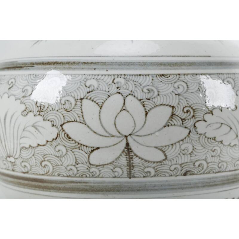13.7 in. Diameter Off White Porcelain Ming Ming Vase with Lotus Motif