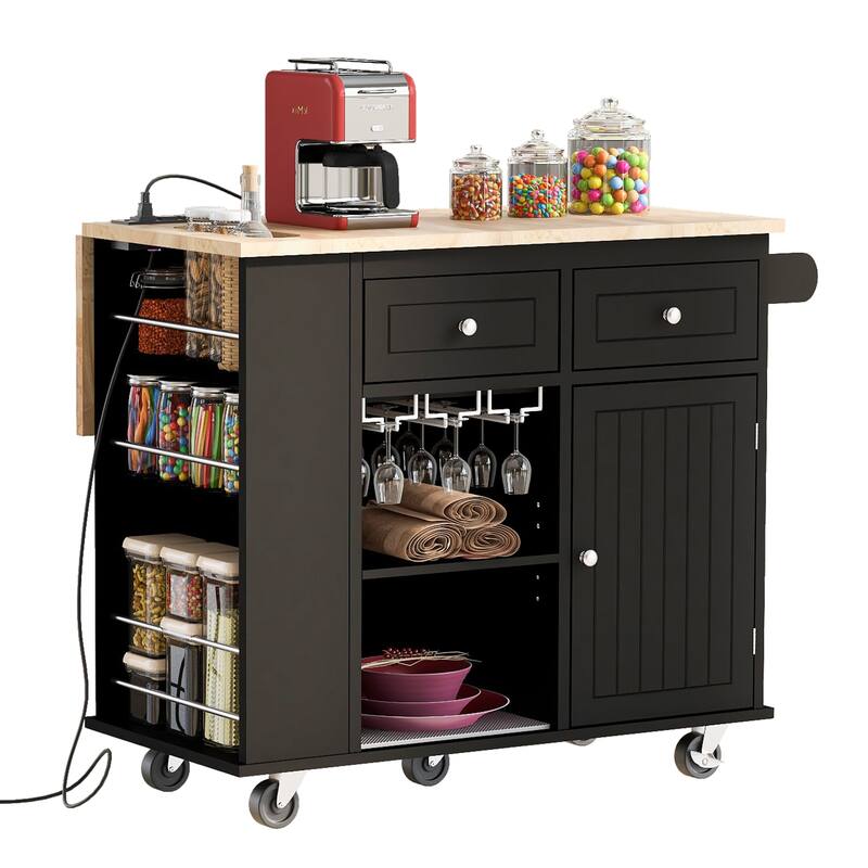 Kitchen Island with Power Outlet,Kitchen Storage Island with Drop Leaf and Rubber Wood - N/A