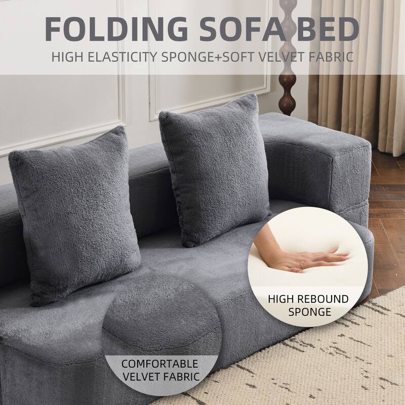 74.81" Faux Fur 3-in-1 3-Seater Floor Sofa, Converts to Bed with Memory Foam