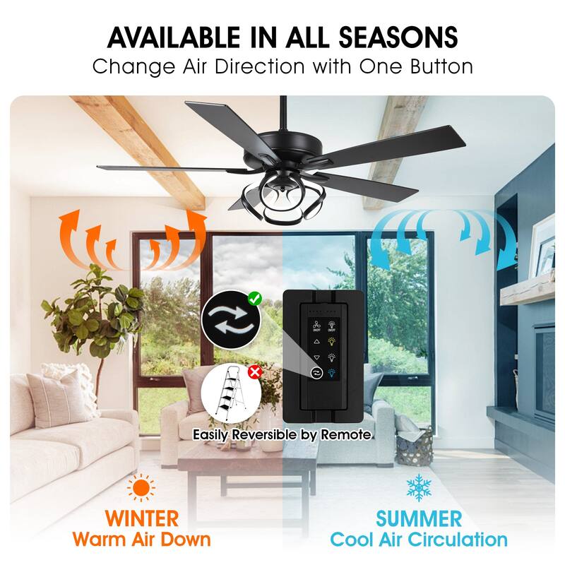 52" Contemporary Black Dimmable LED Ceiling Fan with Light and Remote
