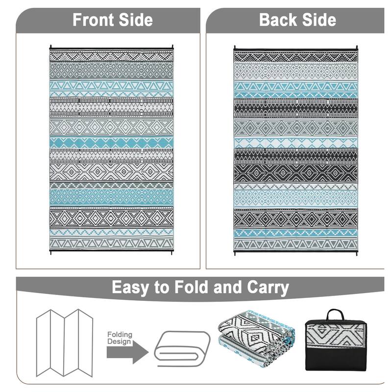 Outdoor Rug Waterproof Patio Rug Mat Geometric Rug Plastic Straw Outside Rug for RV Camping Picnic Reversible Rug