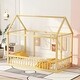 preview thumbnail 1 of 8, Twin Size Floor Wooden Bed with House Roof Frame and Safety Guardrails, Safe and Fun Sleeping Space for Kids, Natural Natural