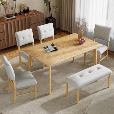 6 Piece Dining Table Set,Rectangular Table with 4 Upholstered Chairs and Bench,Solid Wood Kitchen Dining Table Set for 6 Persons