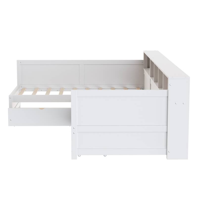 Twin Size L-Shape Daybed with 3 Pull-out Drawers, Wooden Corner Bed Frame with Storage Bookshelf
