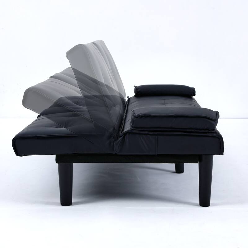 The 67-inch black PVC multi-functional sofa bed with a foldable and cup holder design