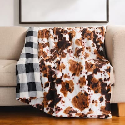 HomeRoots 50" X 60" Brown and White Velvet Quilted Animal Print Plush Throw Blanket