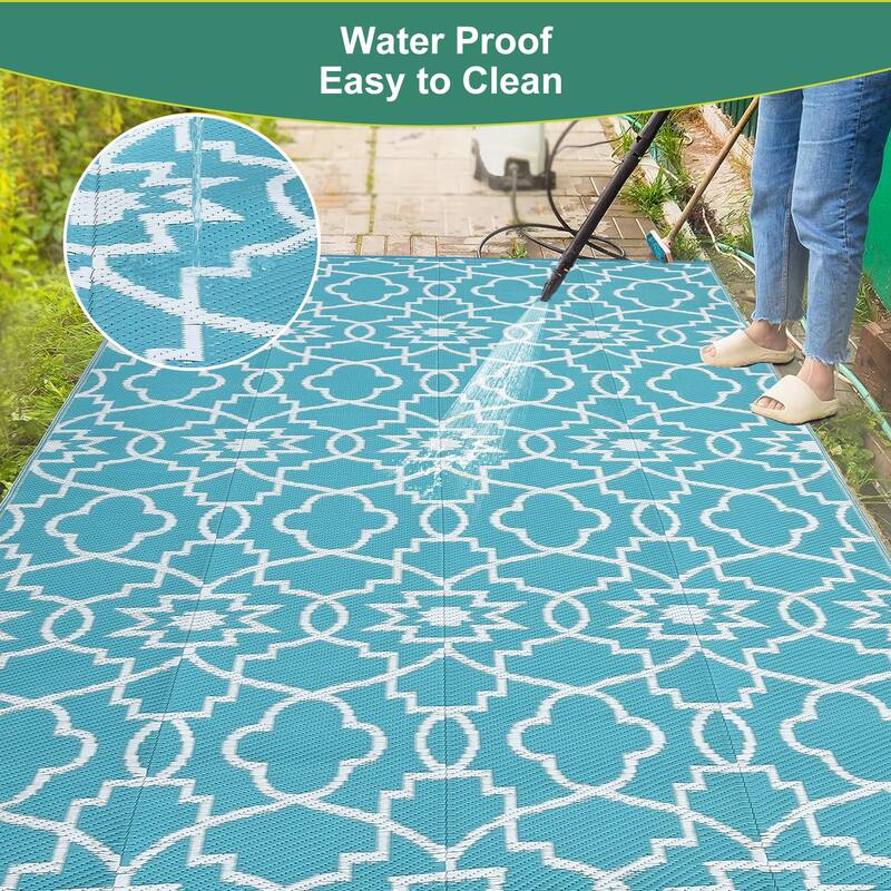 Outdoor Plastic Straw Rug Geometric Waterproof Reversible Area Rug for Patio Backyard Picnic Camp Beach