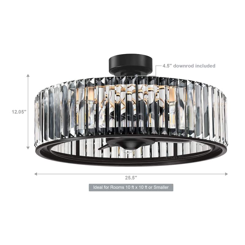 25" Black 3-Blade Crystal Low Profile Chandelier Ceiling Fan with Remote