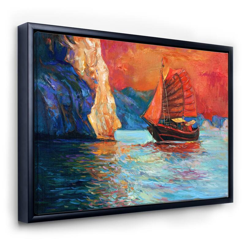 Designart "Chinese Sailboat Arriving During Red Evening Sunset Glow