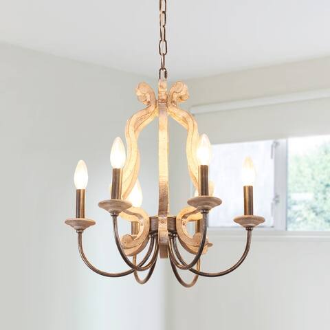 Oaks Aura French Country 6-Light Candle Style Pendant Ceiling Light, Farmhouse Rustic Wooden Chandelier