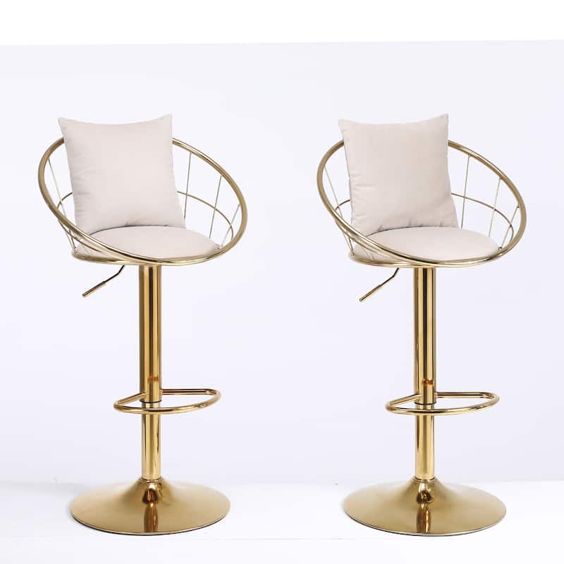 Adjustable Height Swivel Bar Stools Set of 2 with Velvet Padded Seat, Weave Shape Back, Gold Plated Base and Non-slip Pads