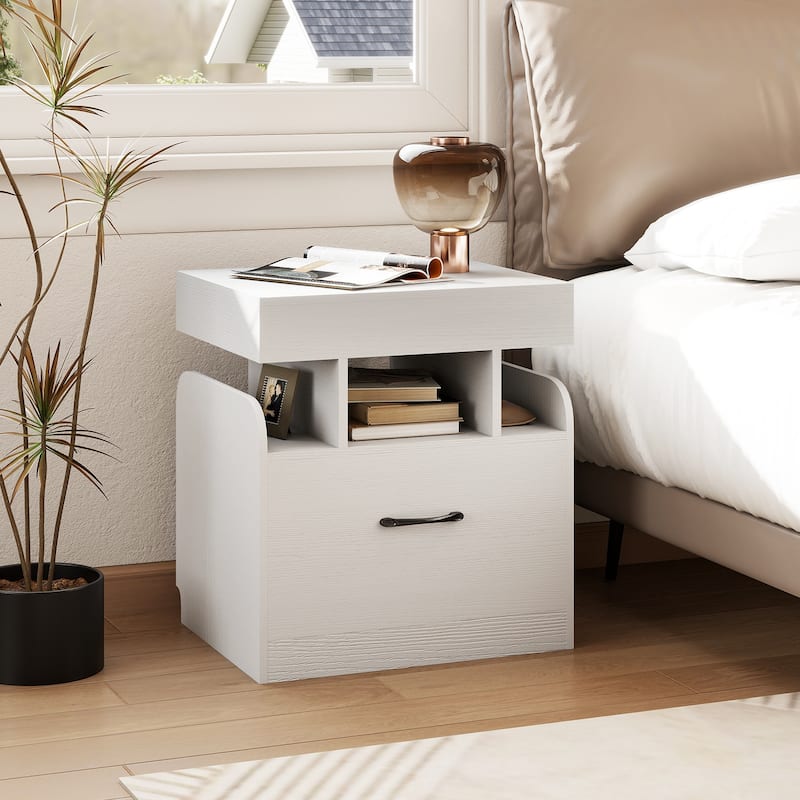 Gymax Nightstand w/ Charging Station Drawer & Sliding Top Storage Tray