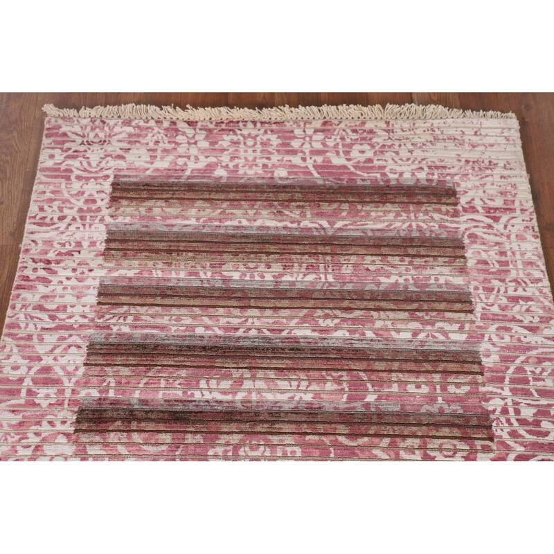 Striped Pink Abstract Modern Accent Rug Handmade Wool Carpet - 2'7"x 4'9"