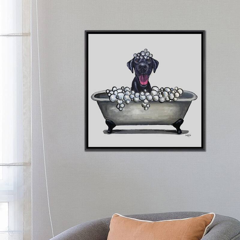 iCanvas "Dogs In The Tub Series, Black Lab In Bathtub" by Hippie Hound Studios Framed