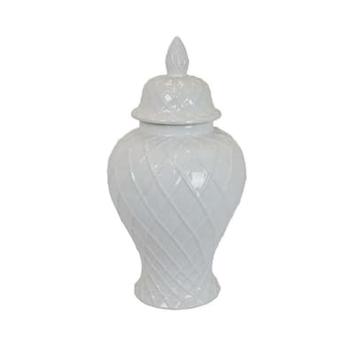 Livie 20 Inch Temple Ginger Jar Geometric Design Dome Lid Ceramic White