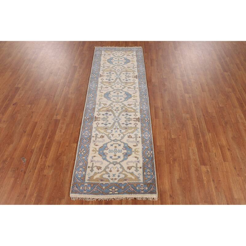 Ivory & Blue Oushak Indian Runner Rug Handmade Wool Carpet - 2'7"x 7'8"