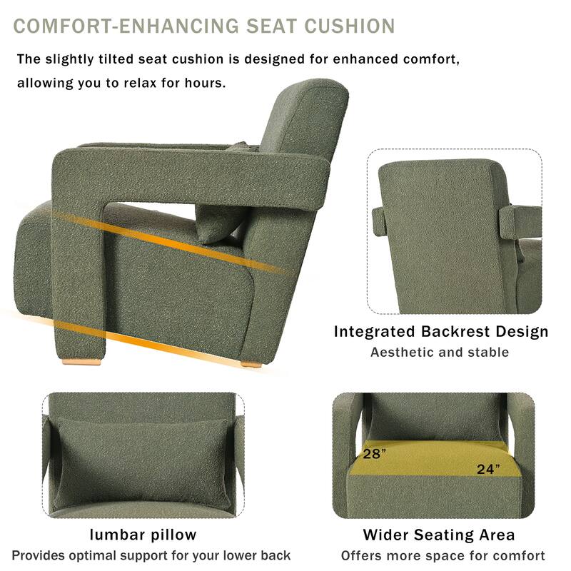 Boucle Fabric Accent Chair Set of 2 with Right-Angle Armrests, Ergonomic Lumbar Support, and Square Wooden Legs