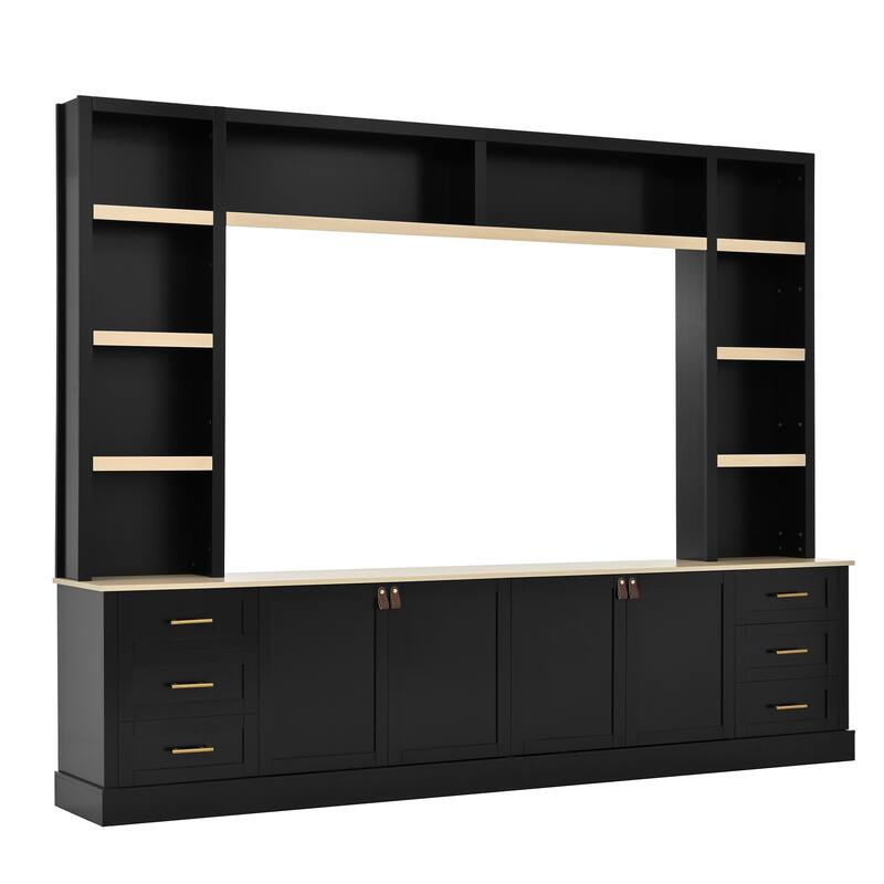 102.3"W Farmhouse 4-Piece Entertainment Center Wall Unit with Adjustable Shelf, TV Stand with Bookshelves for TVs Up to 75"