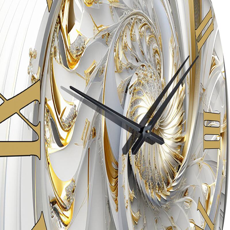 Designart "Whirling While Glam Fractals In Gold And White III" Fractals Oversized Wall Clock