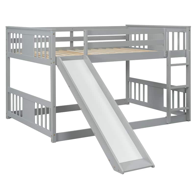 Floor Bunk Bed Full Over Full Wooden Bed Frame with Ladder and Slide