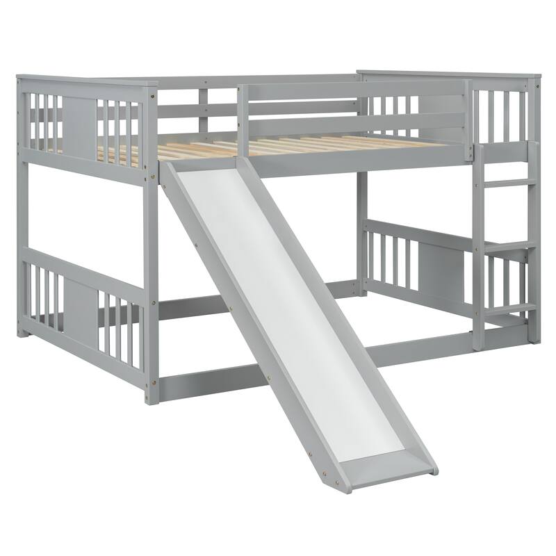 Full Over Full Bunk Bed with Ladder and Slide in Gray - Space Saving Twin Bunk Bed with Sturdy Pine Frame