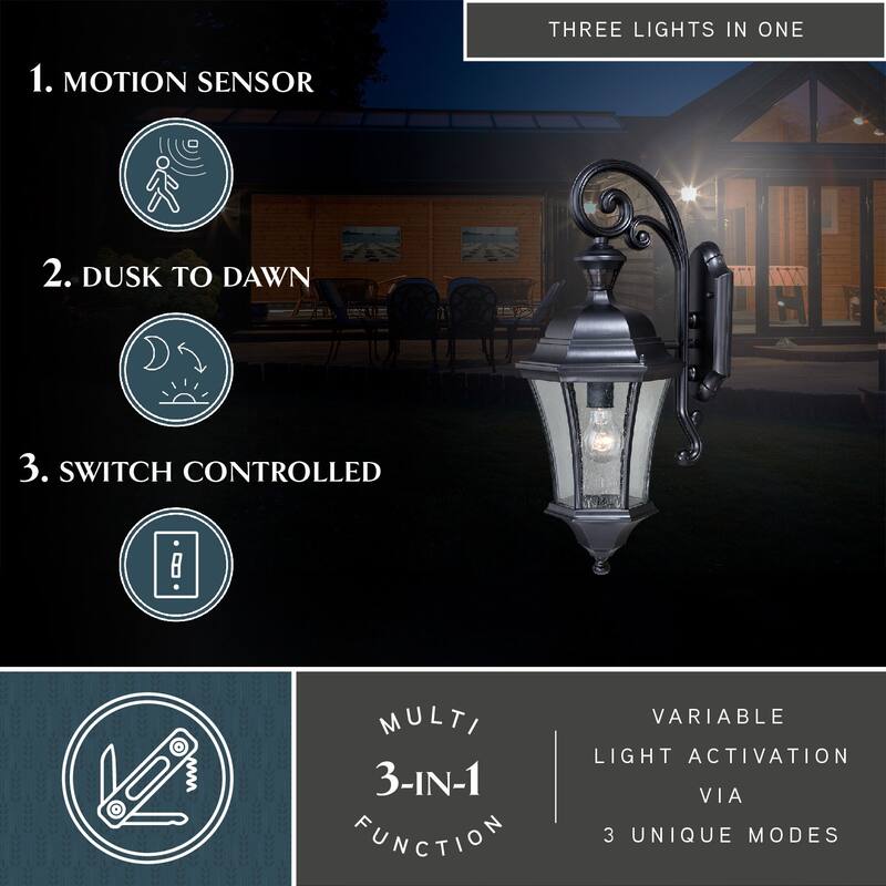 Aberdeen Black Motion Sensor Dusk-to-Dawn Outdoor Wall Light - 9.5-in W x 23-in H x 11-in D
