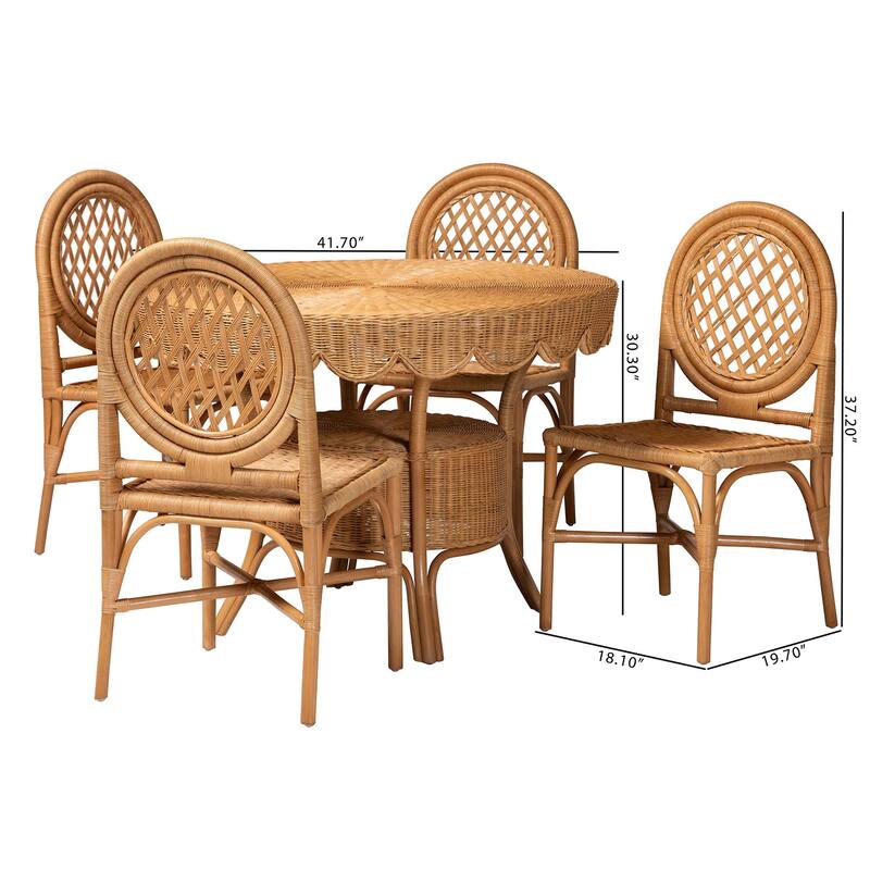 Troy 5-Piece Rattan Dining Set - Round Wicker Table with Scallop Edge and 4 Chairs, Handwoven Boho Coastal Style, Light Honey
