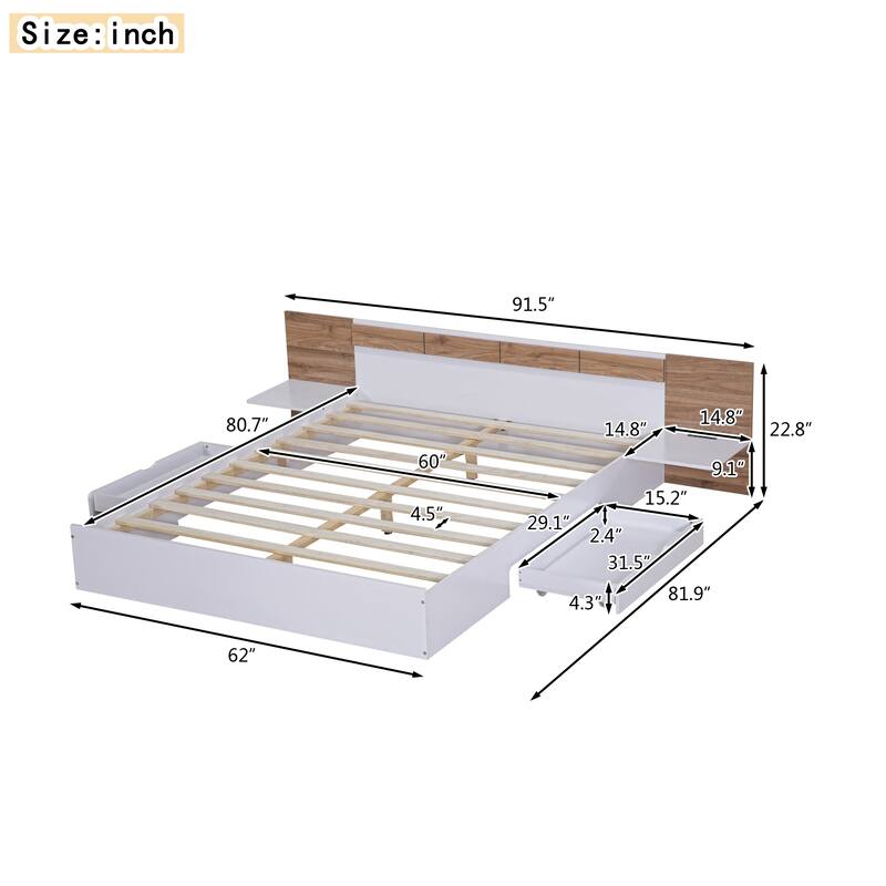 Modern Queen Platform Bed with Storage Drawers, USB Ports, and Headboard Shelves