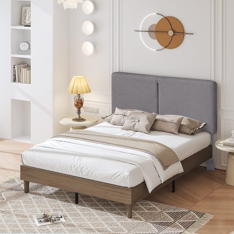 VECELO Upholstered Platform Bed Frame with Adjustable Headboard, Solid Wood Slats, No Box Spring Needed, Twin/Full/Queen Size