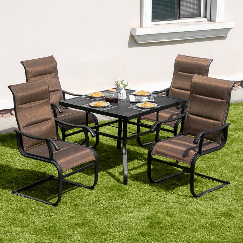 Nuu Garden Outdoor Dining Set of 4, Umbrella Hole, Textilene and Iron, Brown