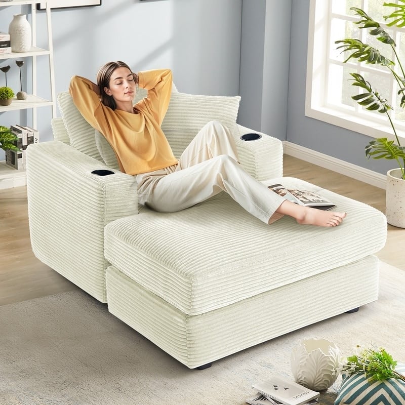 Oversized Corduroy Chaise Lounge Chair with Throw Pillows and Built-In Cup Holders
