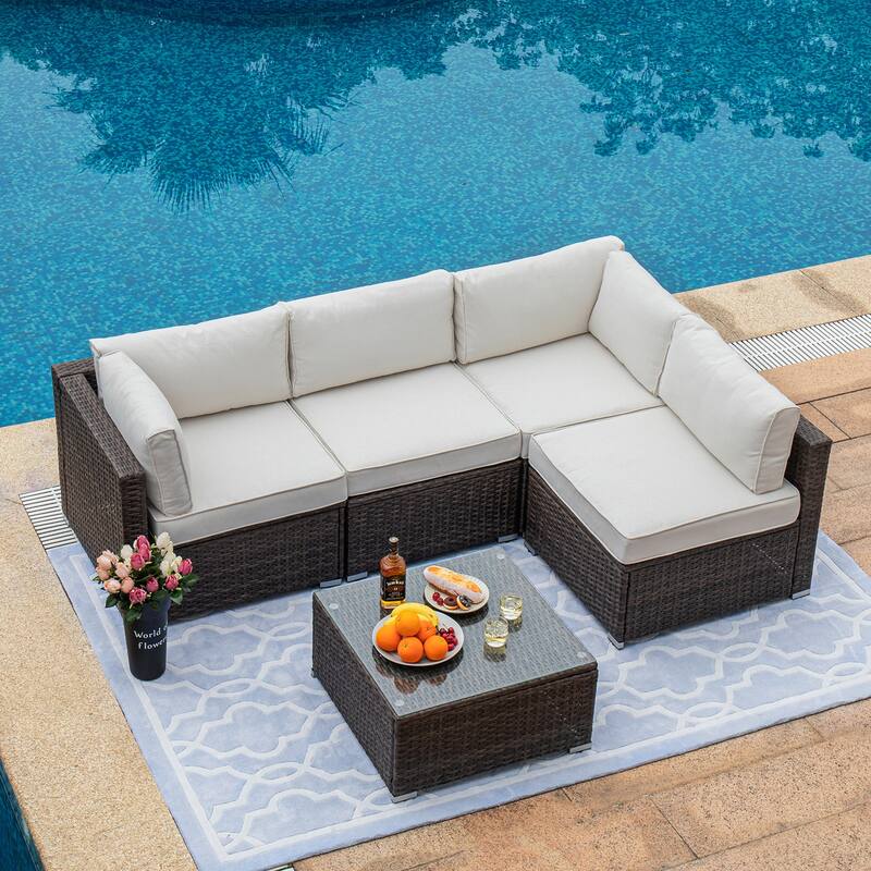 Cosiest 5-piece Outdoor Patio Wicker Furniture Set with Coffee Table - Off-White