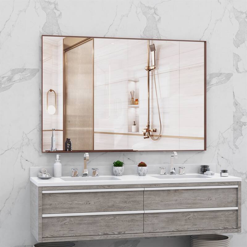 60"x40" Oversized Modern Rectangle Mirror with Walnut Frame